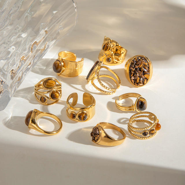 18KG tiger eye stone statement stainless steel finger rings set