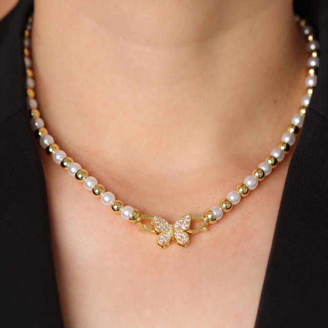 Delicate 18K gold plated copper bead diamond butterfly heart bow imitation pearl bead choker necklace