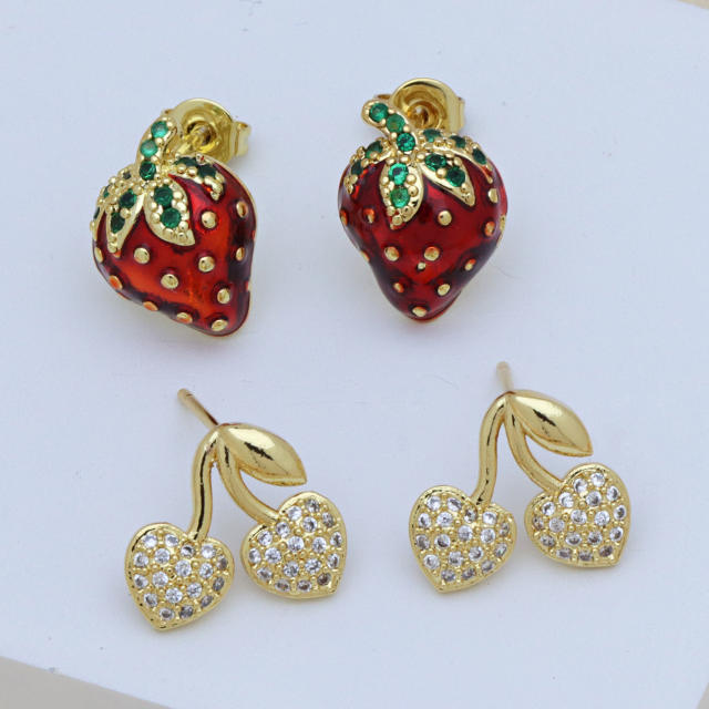 Summer sweet cherry strawberry gold plated copper earrings