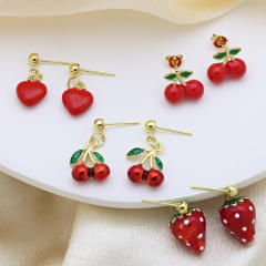 18KG sweet strawberry cherry gold plated copper earrings