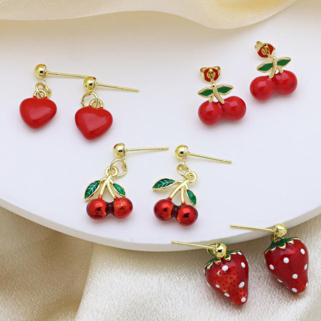 18KG sweet strawberry cherry gold plated copper earrings
