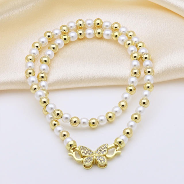 Delicate 18K gold plated copper bead diamond butterfly heart bow imitation pearl bead choker necklace