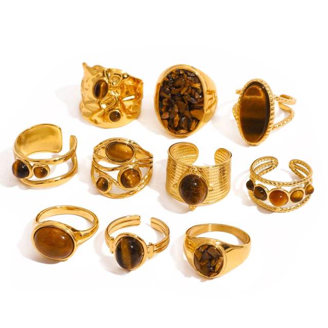 18KG tiger eye stone statement stainless steel finger rings set