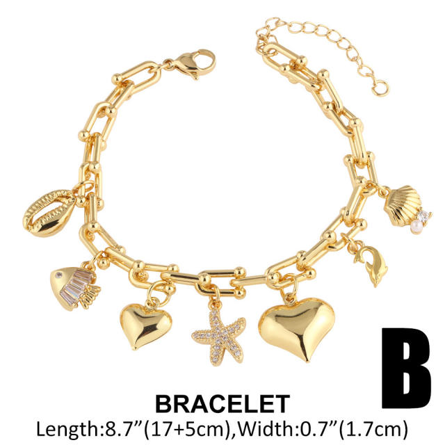 Ocean series chunky heart starfish charm bracelet gold plated copper bracelet