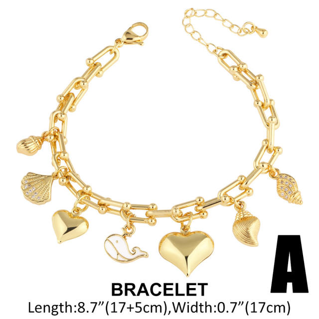 Ocean series chunky heart starfish charm bracelet gold plated copper bracelet