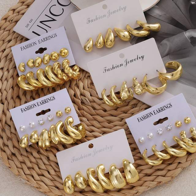 Personality water drop earrings complex C- shaped earrings suit 6 pairs wholesale chunky earrings set