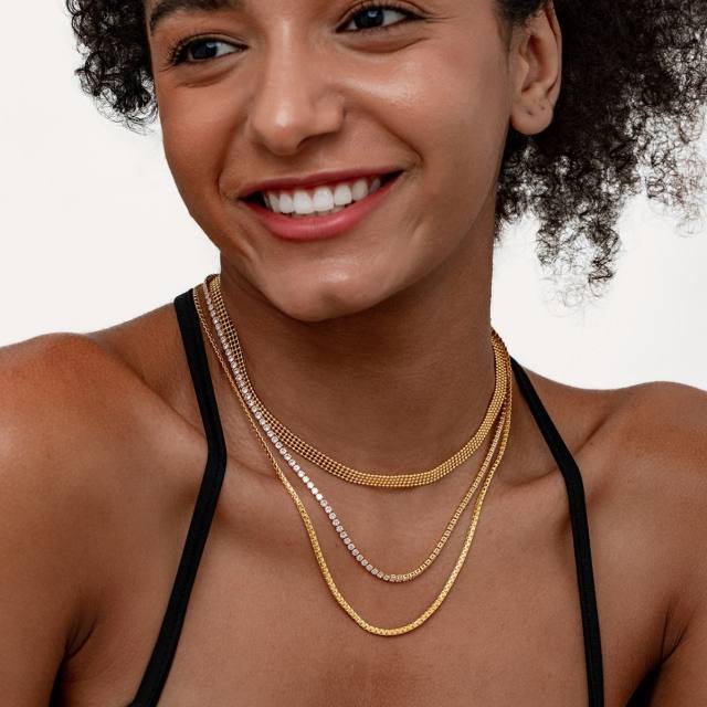 18KG dainty three layer gold chain tennis chain stainless steel necklace