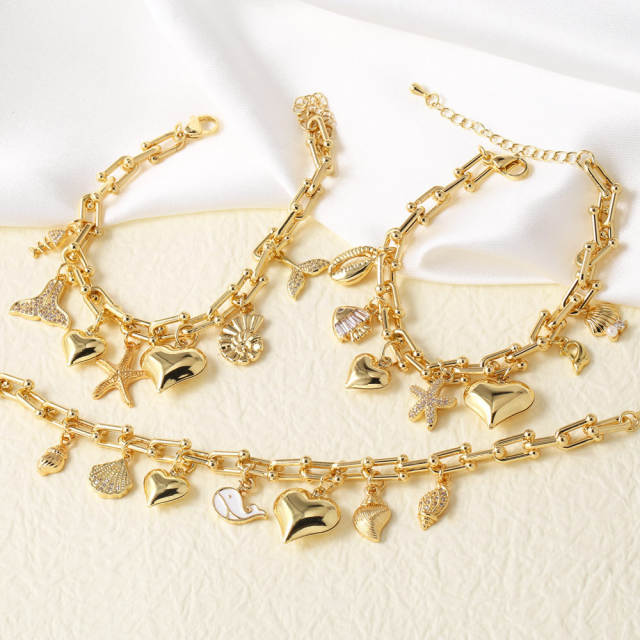Ocean series chunky heart starfish charm bracelet gold plated copper bracelet