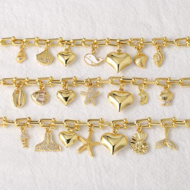 Ocean series chunky heart starfish charm bracelet gold plated copper bracelet