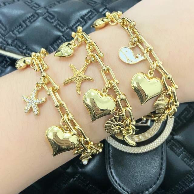 Ocean series chunky heart starfish charm bracelet gold plated copper bracelet