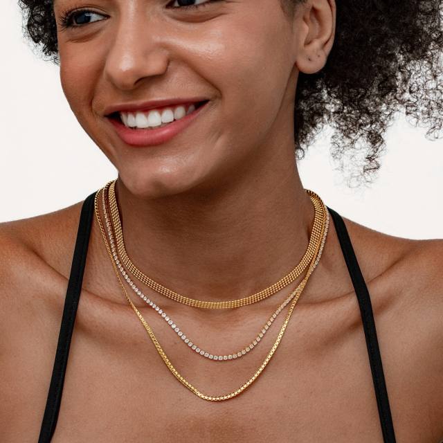 18KG dainty three layer gold chain tennis chain stainless steel necklace