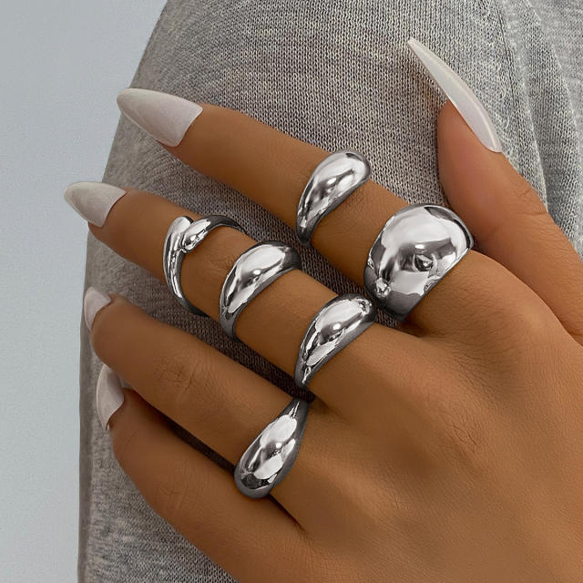 Geometric UV plating CCB material oval ring 6-piece set chunky stackable rings