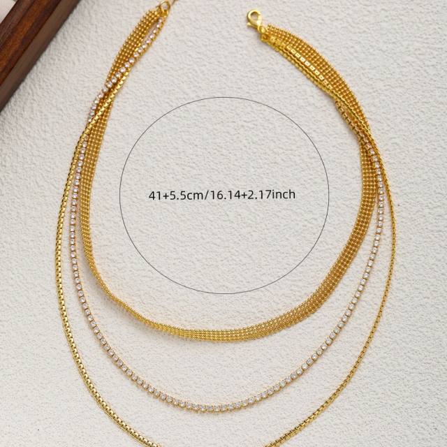 18KG dainty three layer gold chain tennis chain stainless steel necklace