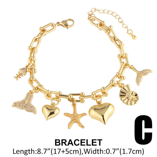 Ocean series chunky heart starfish charm bracelet gold plated copper bracelet