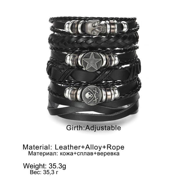 Men's DIY Woven suit Leather Bracelet Hot Selling Skull Beaded Punk Combination Bracelet