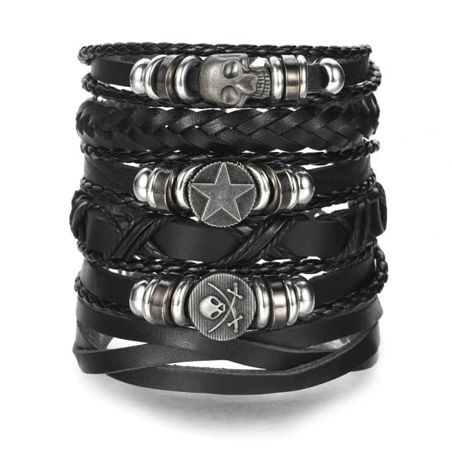 Men's DIY Woven suit Leather Bracelet Hot Selling Skull Beaded Punk Combination Bracelet