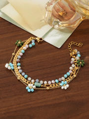 Boho turquoise zircon pearl life tree stainless steel anklet