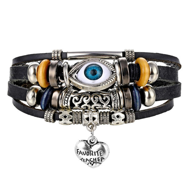 Turquoise men's woven artificial leather bracelet multi-layer leaf pendant beaded bracelet