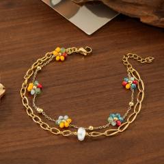 Boho vacation colorful flower stainless steel chain layer bracelet