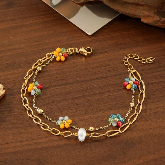 Boho vacation colorful flower stainless steel chain layer bracelet