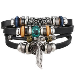 Turquoise men's woven artificial leather bracelet multi-layer leaf pendant beaded bracelet