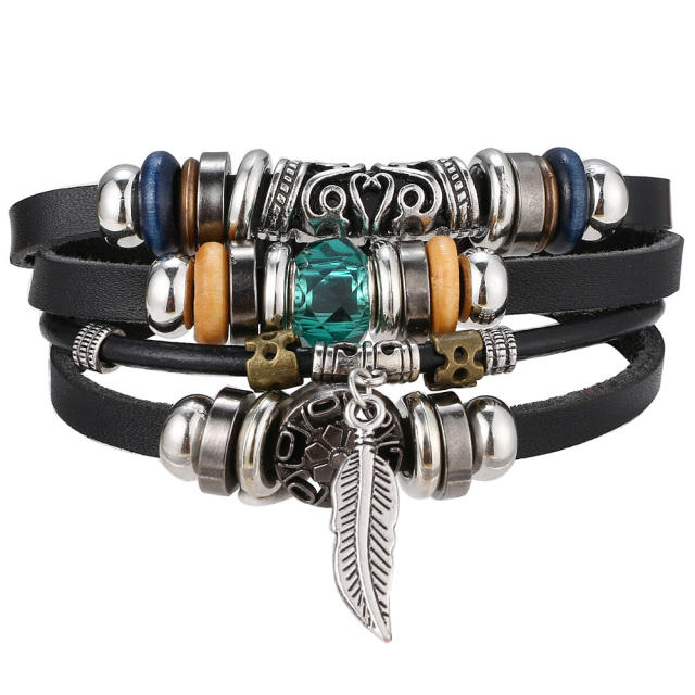 Turquoise men's woven artificial leather bracelet multi-layer leaf pendant beaded bracelet