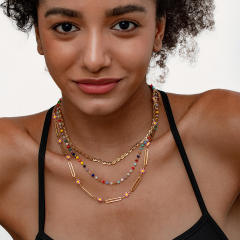 Boho colorful seed bead pink daisy flower layer stainless steel necklace