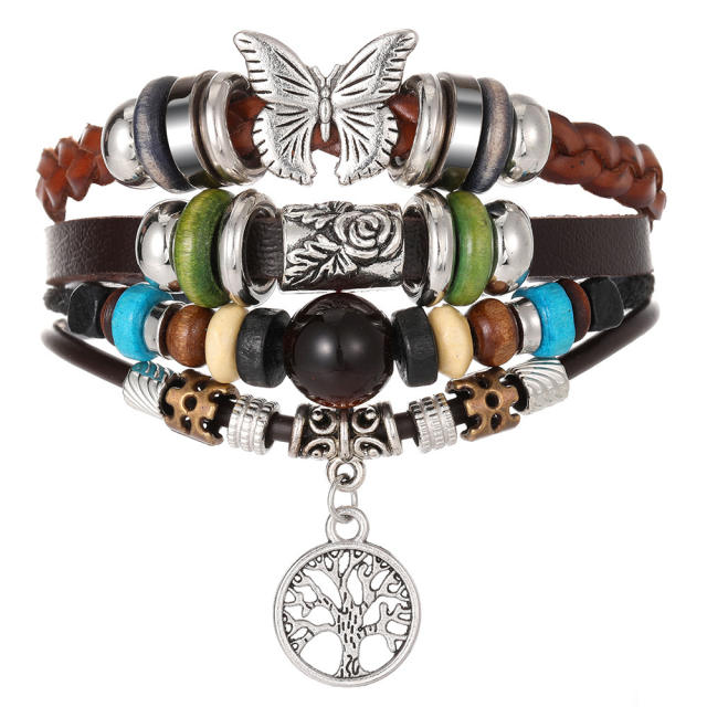 Turquoise men's woven artificial leather bracelet multi-layer leaf pendant beaded bracelet