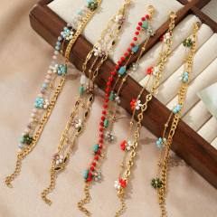 Boho turquoise zircon pearl life tree stainless steel anklet