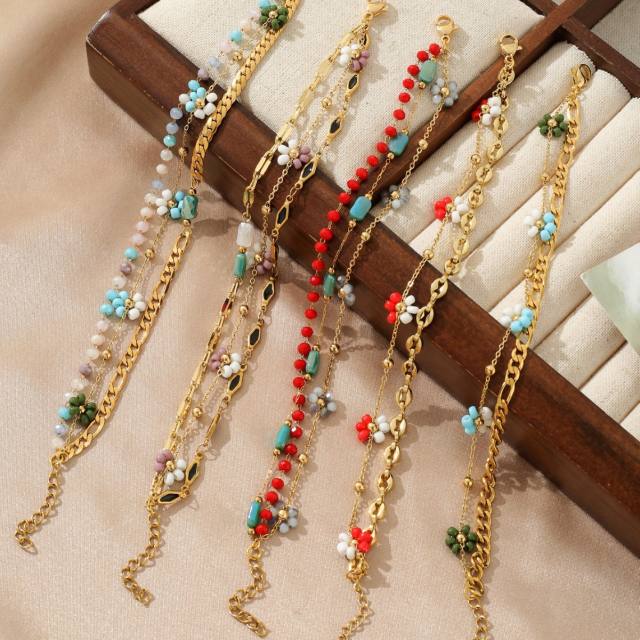 Boho turquoise zircon pearl life tree stainless steel anklet