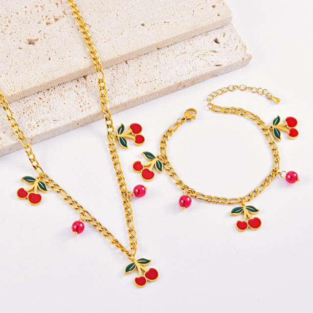 Sweet enamel Cherry charm cuban link chain stainless steel necklace Earrings set