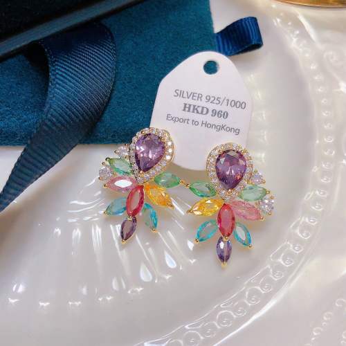 Colorful Zircon statement Flower Silver Needle Earrings