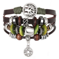 Turquoise men's woven artificial leather bracelet multi-layer leaf pendant beaded bracelet