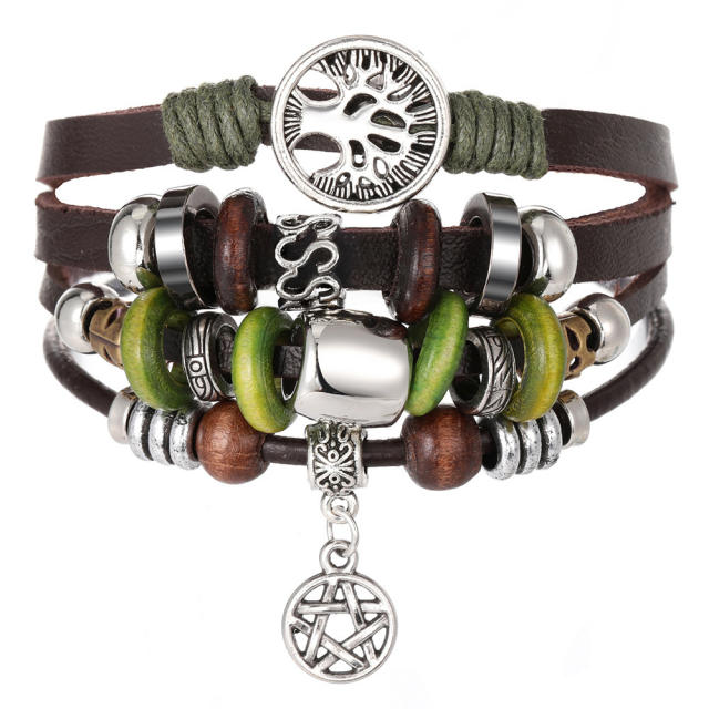 Turquoise men's woven artificial leather bracelet multi-layer leaf pendant beaded bracelet