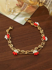 Boho turquoise zircon pearl life tree stainless steel anklet