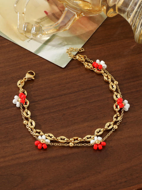 Boho turquoise zircon pearl life tree stainless steel anklet