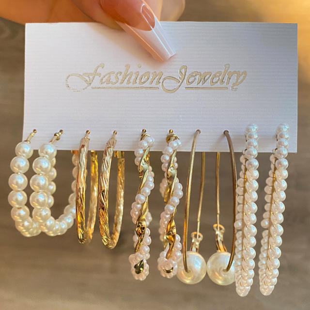 Fashion geometric hoop pearl earrings earrings suit 6-piece set