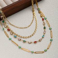 Gold Natural Stone Handmade Beaded Necklace 4 Layer stainless steel necklace