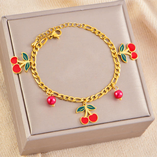 Sweet enamel Cherry charm cuban link chain stainless steel necklace Earrings set