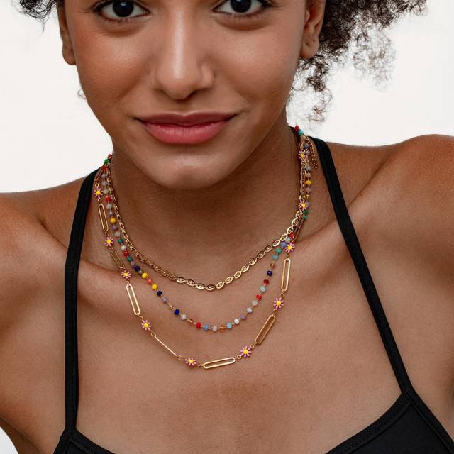 Boho colorful seed bead pink daisy flower layer stainless steel necklace