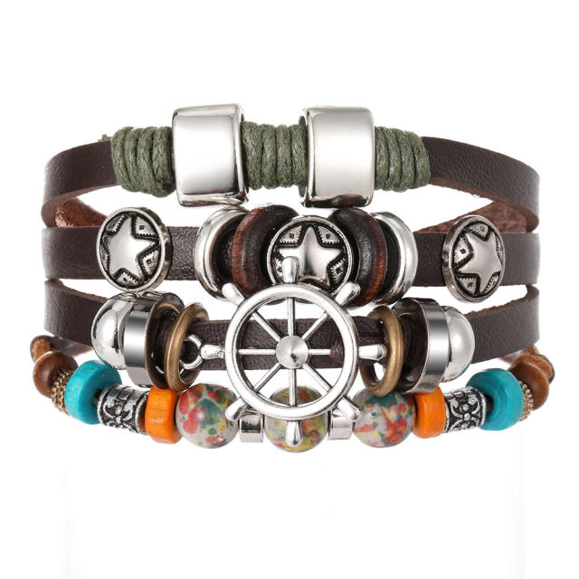 Turquoise men's woven artificial leather bracelet multi-layer leaf pendant beaded bracelet