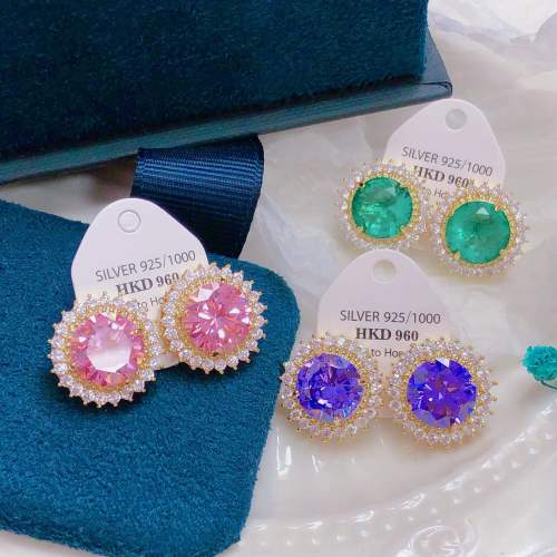 Delicate colorful cubic zircon round shape gold plated copper studs earrings
