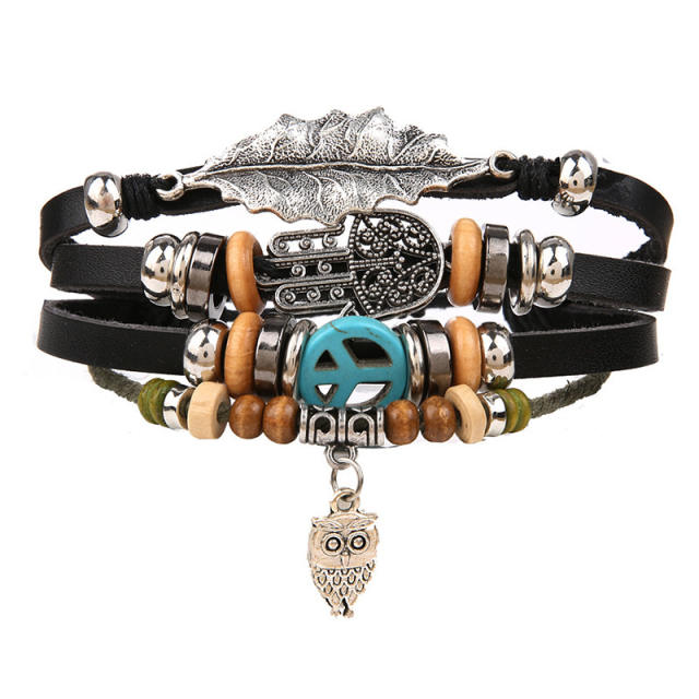 Turquoise men's woven artificial leather bracelet multi-layer leaf pendant beaded bracelet