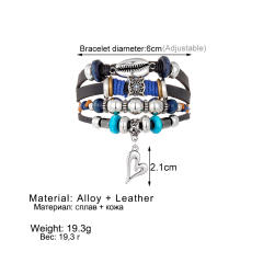 Turquoise men's woven artificial leather bracelet multi-layer leaf pendant beaded bracelet