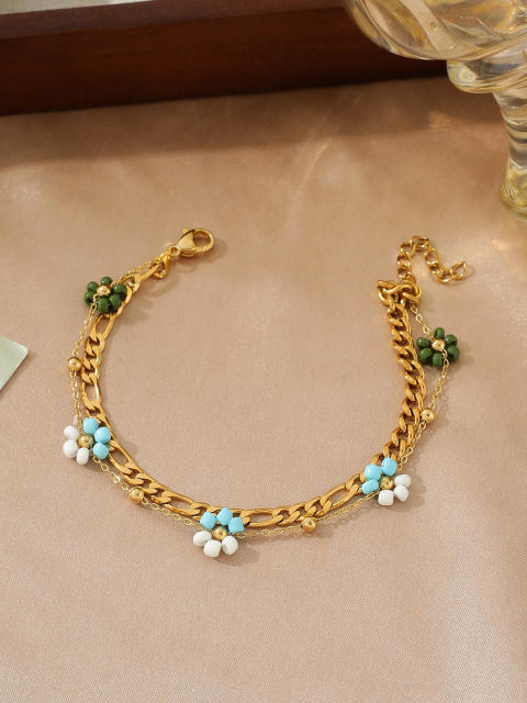 Boho turquoise zircon pearl life tree stainless steel anklet