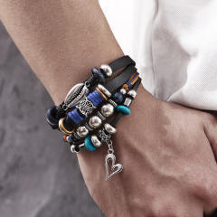 Turquoise men's woven artificial leather bracelet multi-layer leaf pendant beaded bracelet