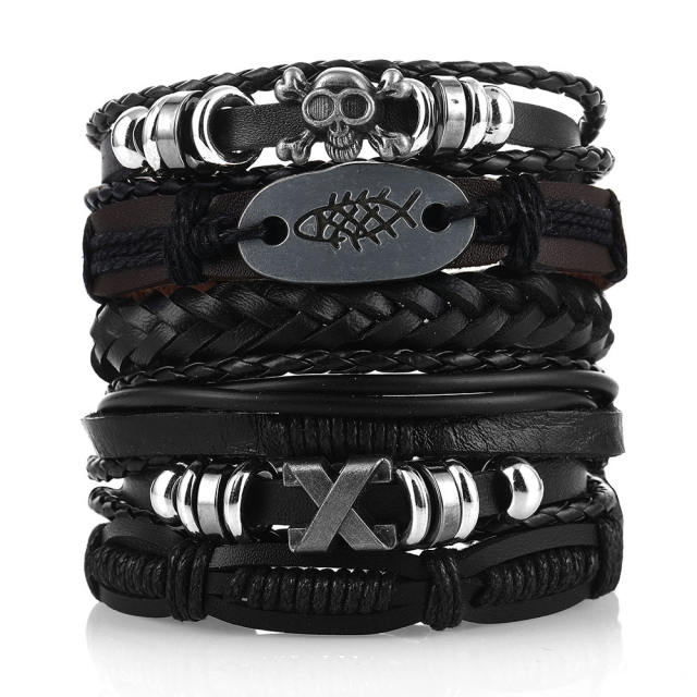 Men's DIY Woven suit Leather Bracelet Hot Selling Skull Beaded Punk Combination Bracelet