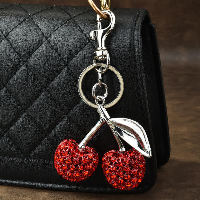 Delicate full diamond sweet cherry alloy keychain bag charm