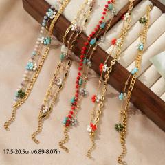 Boho turquoise zircon pearl life tree stainless steel anklet