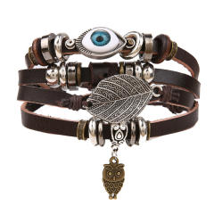 Turquoise men's woven artificial leather bracelet multi-layer leaf pendant beaded bracelet